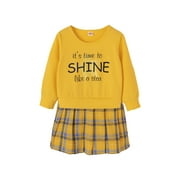 KIMI BEAR Toddler Girls Outfits 4T Toddler Girls Spring Outfits 5T Toddler Girls Casual Fake Two-piece Plaid Long Sleeve Dress Yellow