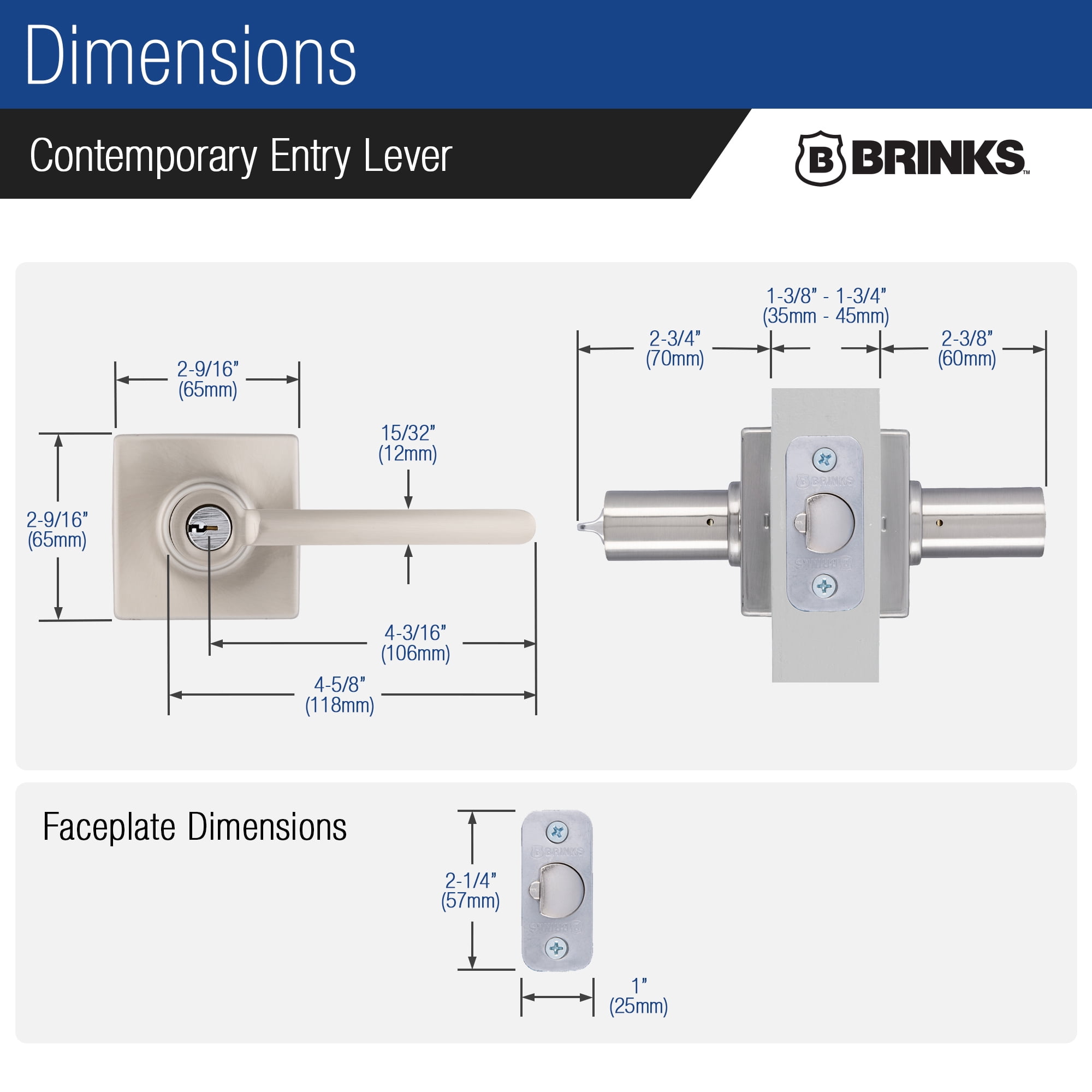 Brinks Contemporary Keyed Entry Lever Doorknob, Satin Nickel