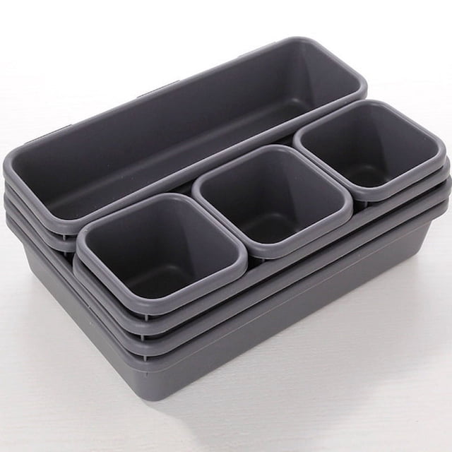 Organizador de cajones transparente gris con divisor de almacenamiento y bandeja de almacenamiento con 3 tamaños de compartimentos para cubiertos, cosméticos y joyas, para cocina, dormitorio y baño.