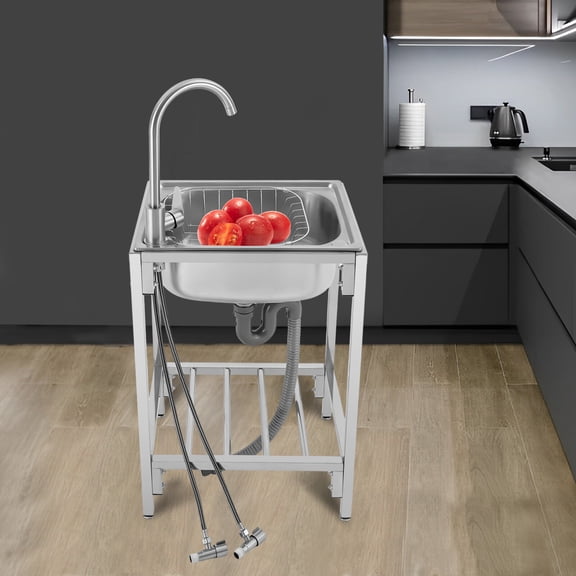 Stainless Steel Single Basin Kitchen Prep Sink Laundry Sink w/ Faucet and Stand 16.9*12.9*7.5in 220.46lbs Capacity for Kitchen, Bar, Restaurant