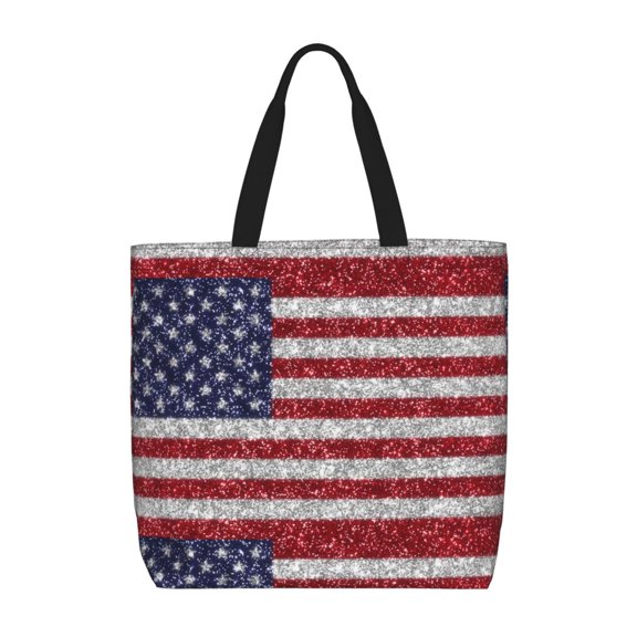 Honeii America Flag Glitter Print Tote Bag, Reusable Grocery Shopping Bag,Shoulder Bag with Inner Pocket