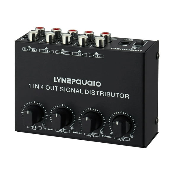 LINEPAUAIO 4-Channel Stereo Audio Distribution Amplifier with Independent Volume Control, RCA Input/Output, 100-240V, Compact Design for Enhanced Sound Quality and Noise Reduction