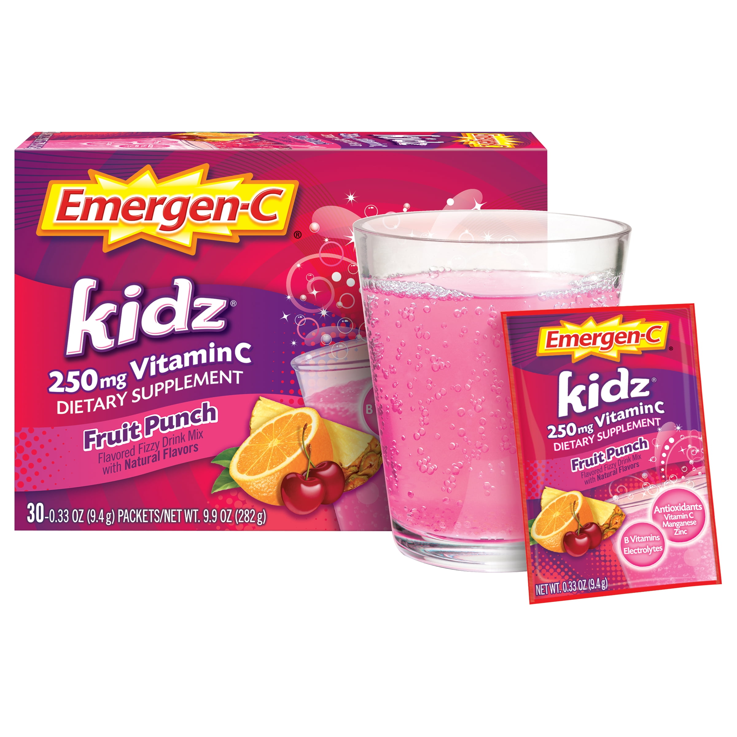 Emergen C Kidz 250mg Vitamin C Powder Caffeine Free Vitamin C For Kids Immune Support Drink Mix Fruit Punch Flavor 30 Count 1 Month Supply Walmart Com Walmart Com