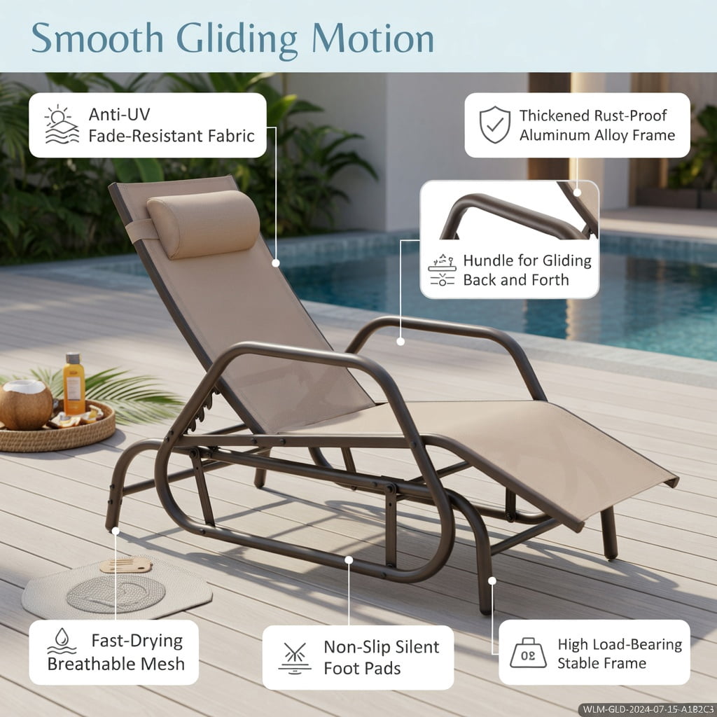 Hommoo Outdoor Chaise Lounge Glider Chair with Adjustable Backrest, Removable Pillow & Quiet Metal Frame, Rustic Brown