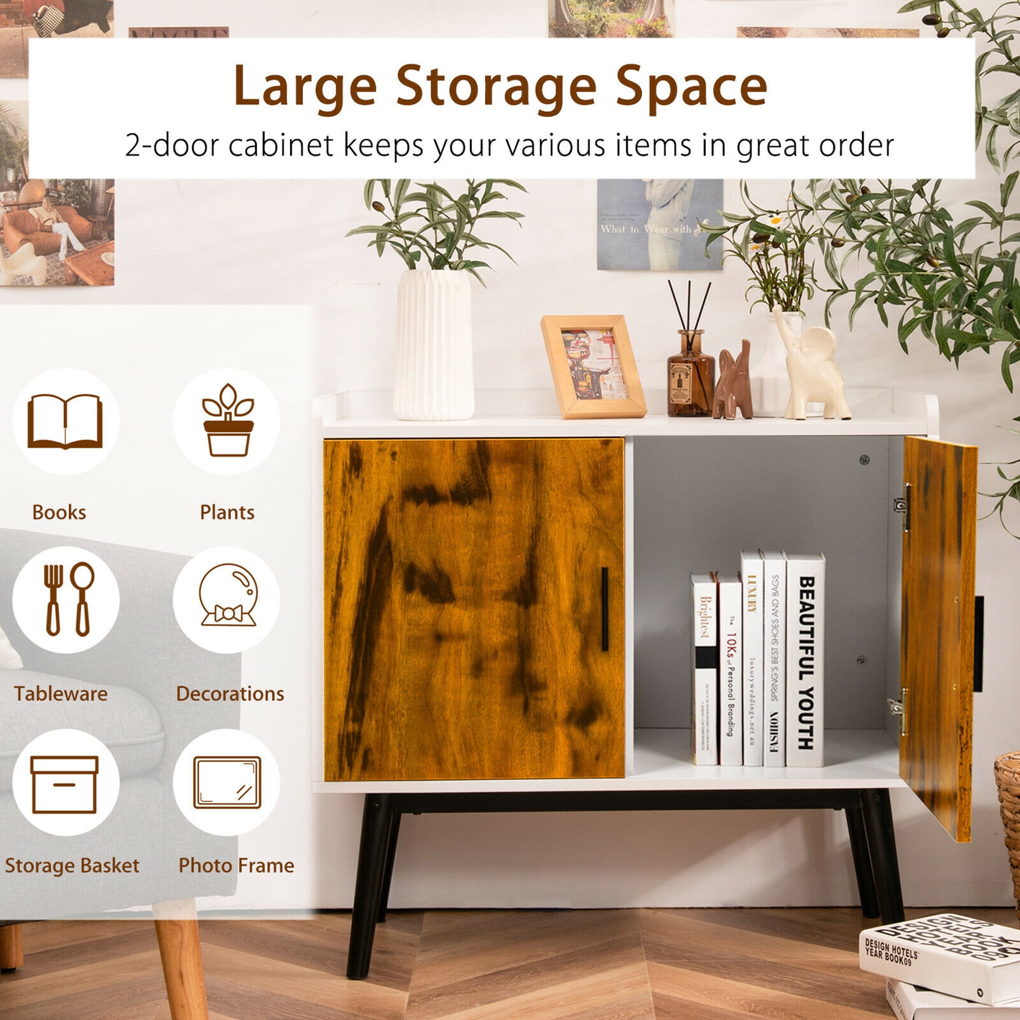 Gymax Sideboard Buffet Storage Cabinet w/2 Door Metal Legs Accent Cabinet 32In