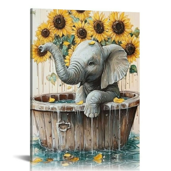 Acheng Elephant Bathroom Decor Elephant Wall Art Sunflower Elephant in Bathtub Wall Art Rustic Prints Pictures Bathroom Canvas Painting Modern Decorations Framed Artwork for Bathroom Toilet  12x16 in