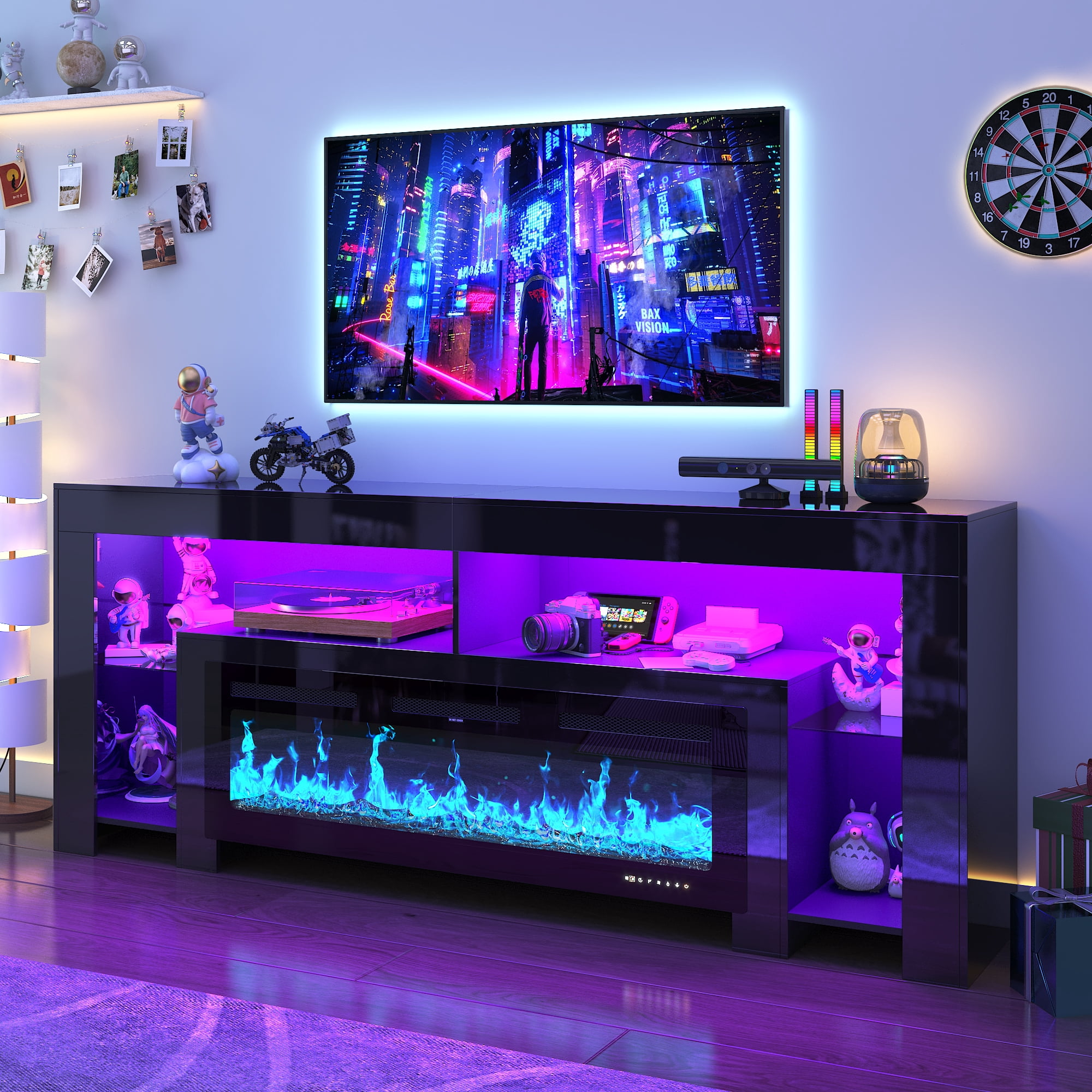 Blotout Fireplace TV Stand for 85/90''TV with 50'' Fireplace, 82'' Modern LED Entertainment Center with Overheat Protection, Adjustable Shelves, 2 Tier Fireplace Console for Living Room, Bedroom