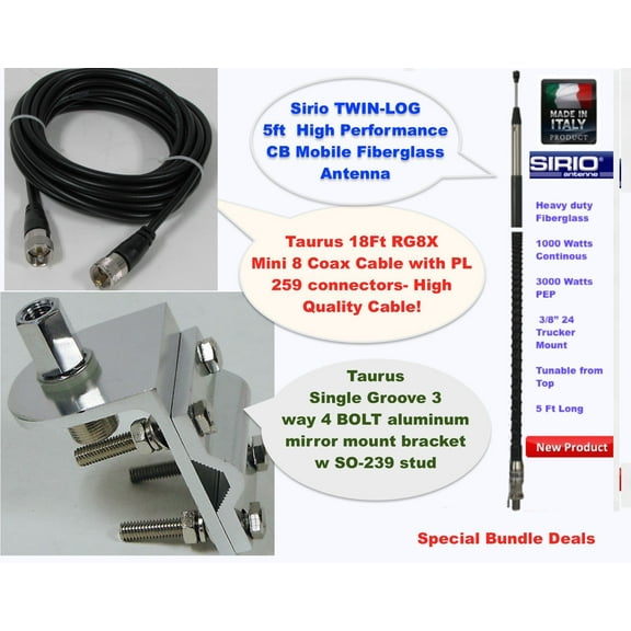 Sirio 3000 Watt 5FT CB Antenna Kit, 18FT RG8x Coax, Bracets