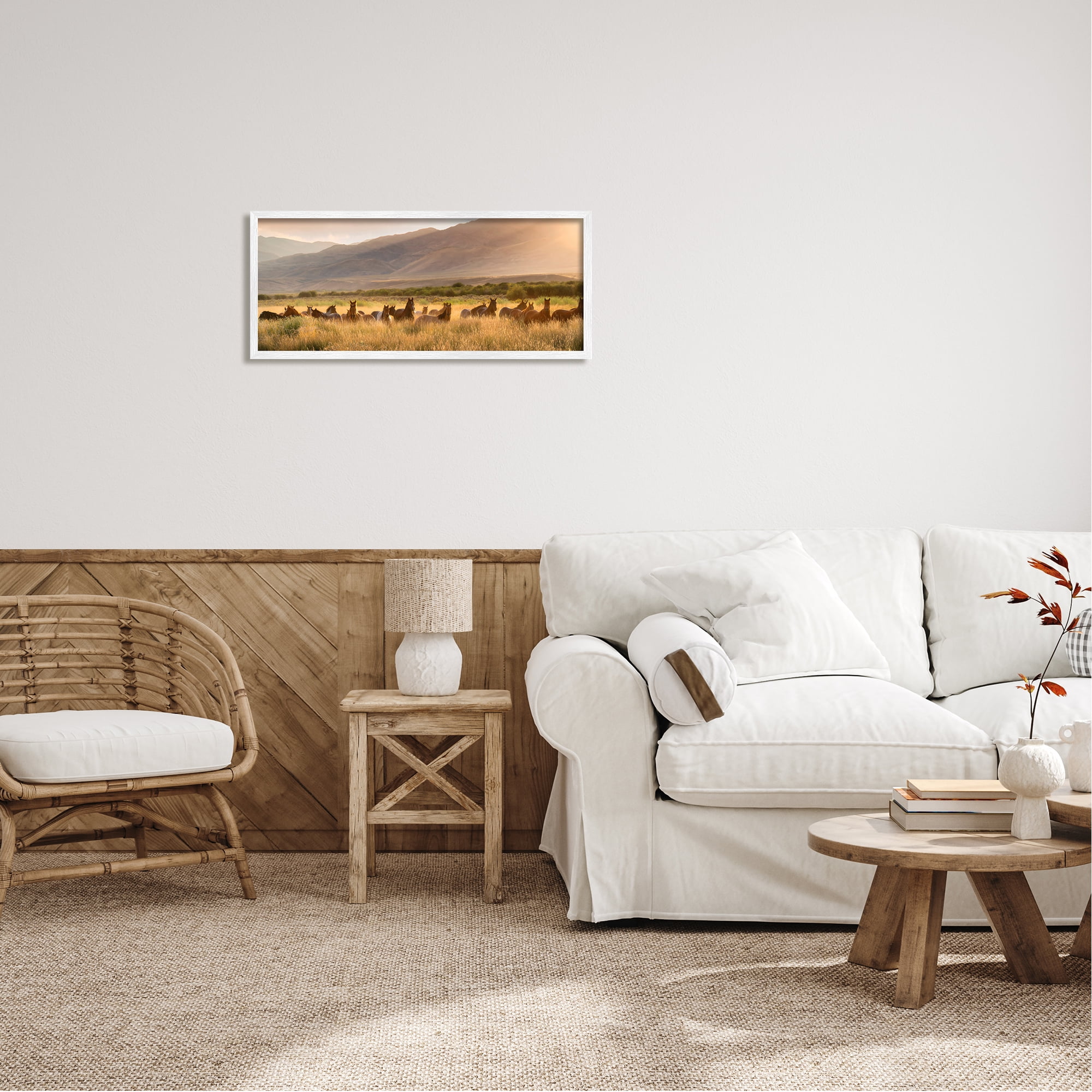 Stupell Industries Horse Herd in Mountains Landscape Photography White Framed Art Print Wall Art, 30 x 13