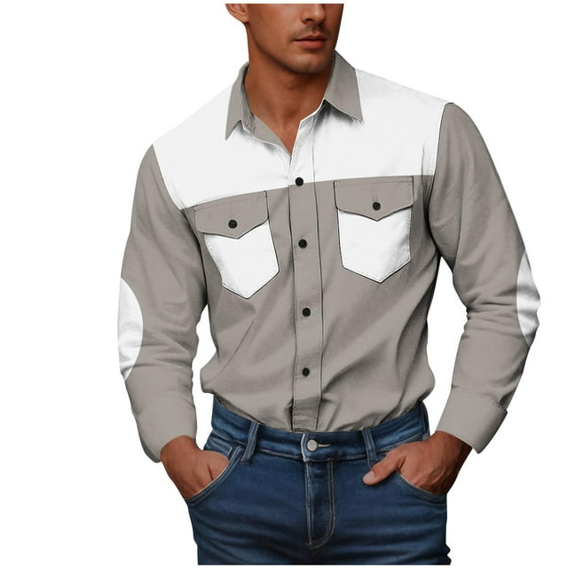 Chemises Longues pour Hommes Chemises avec Doubles Poches Hommes Décontracté Mode Bouton Doubles Poches Imprimé Patchwork Manches Longues Col Rabattu Chemise de Travail Chemises à Boutons pour Hommes Chemises à Manches Longues pour Hommes