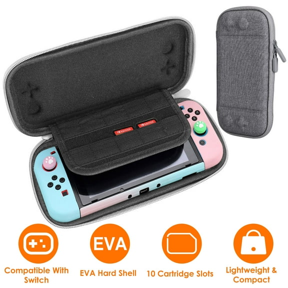 Carrying Case Compatible with Nintendo Switch EVA Hard Shell Console Storage Bag Pouch Case w/ 10 Game Catridge Slots, TeqHome Switch Game Case, Switch Screen Protector (Grey)