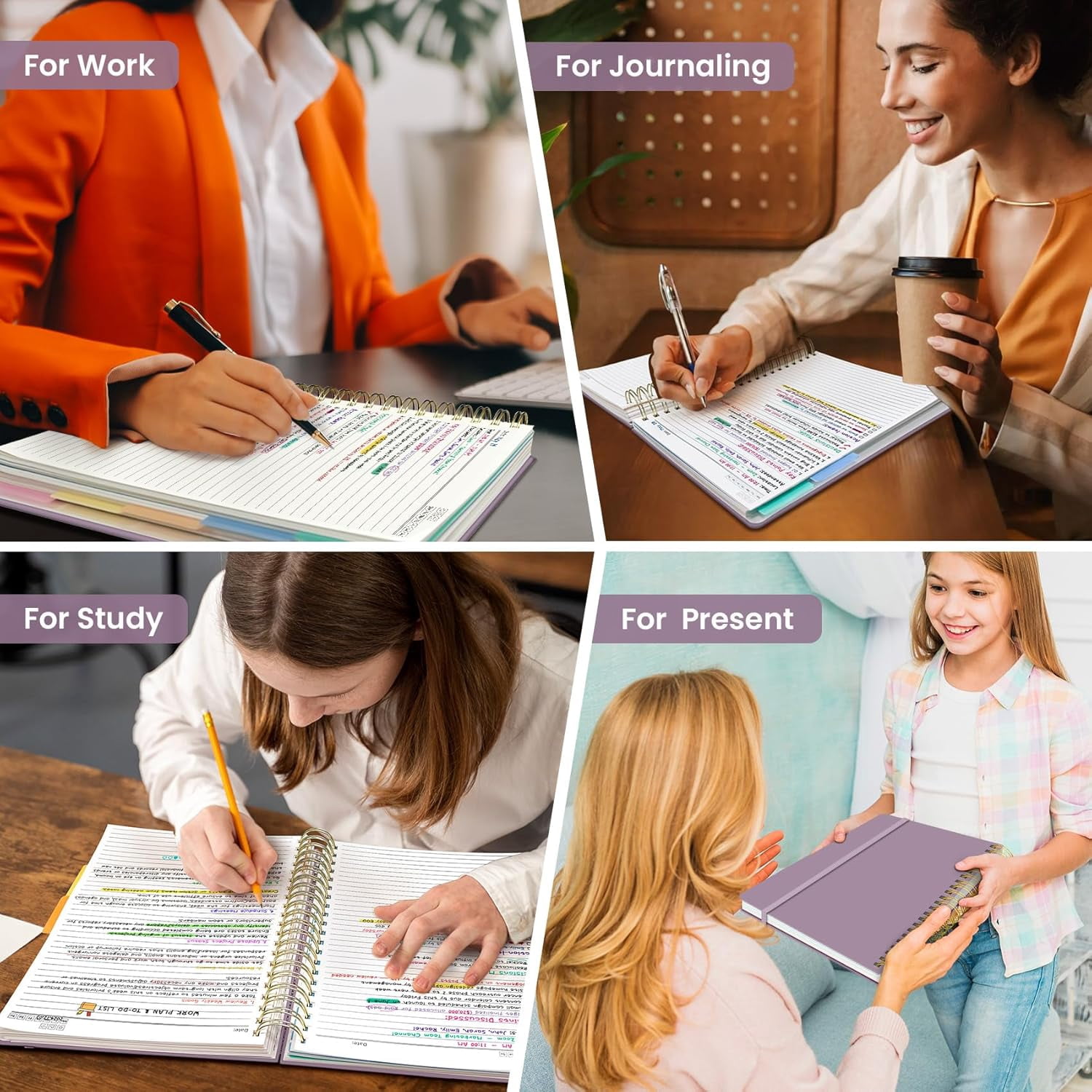 Hardcover Spiral Journal Notebooks for Work With Removable Dividers & Tabs, 8.5"x11" 5 Subject Notebook for Note Taking & Organizer, A4 College Ruled Lined Journal for Women & Writing, Purple,