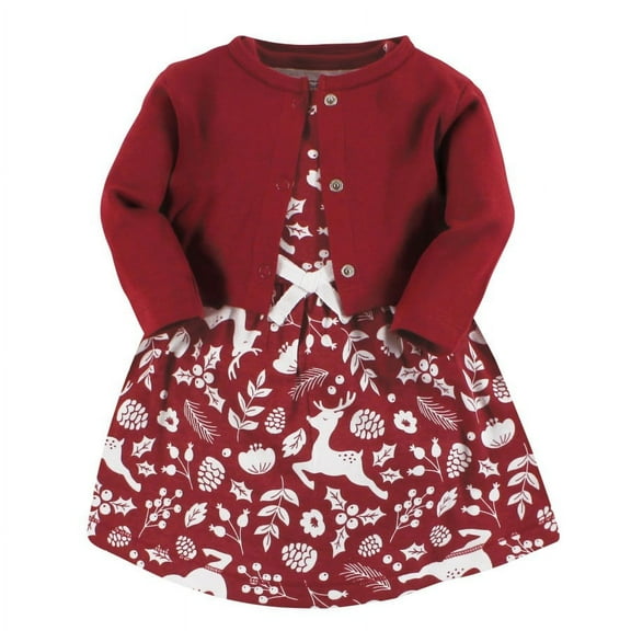 Touched by Nature Infant and Toddler Girl Organic Cotton Dress and Cardigan, Red Winter Folk, 0-3 Months