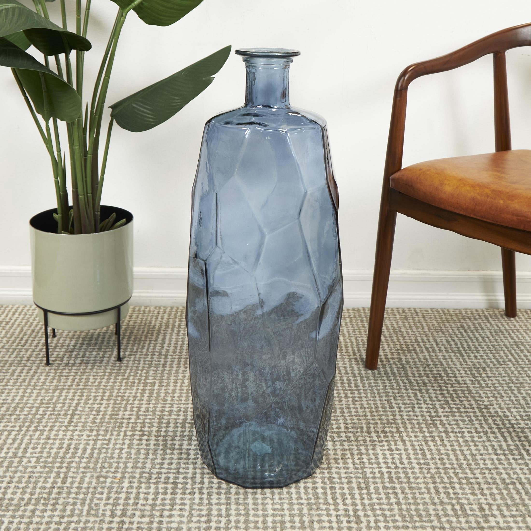 DecMode 29" Handmade Tall Spanish Bottle Neck Faceted Blue Recycled Glass Vase