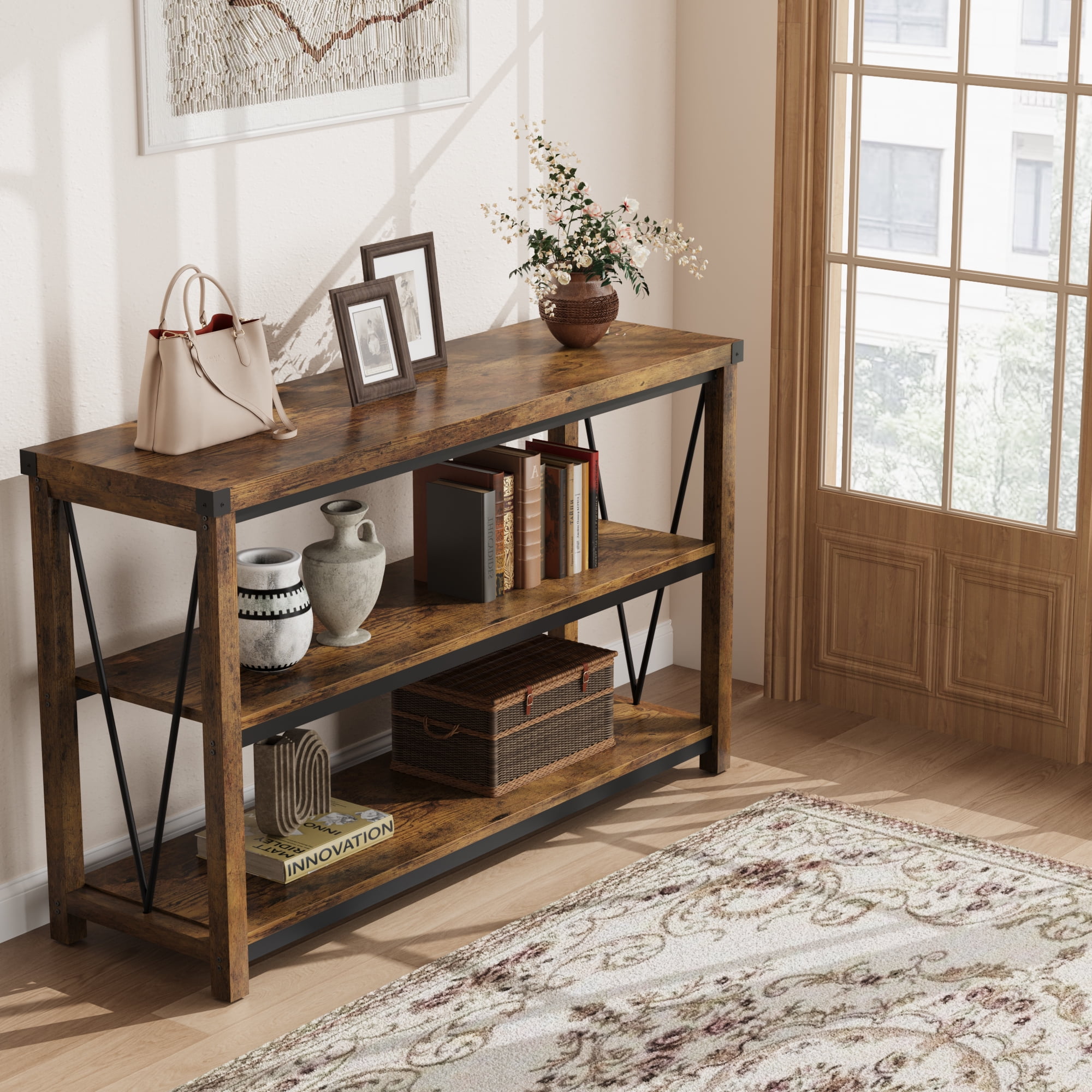M optimized Farmhouse Entryway Table, 47" Narrow Long Console Table with Storage, 3 Tier Wood Console Table for Living Room, Behind Couch Table, Hallway Table for Foyer, Entryway Furniture