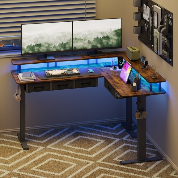 59-inch height-adjustable office desk, L-shaped electric standing desk, equipped with 4 storage drawers, featuring RGB lighting and power socket, corner computer desk, equipped with monitor stand