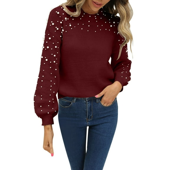 Women Fashion Loose Knit Bead Round Neck Long Sleeve Pullover Sweater Top