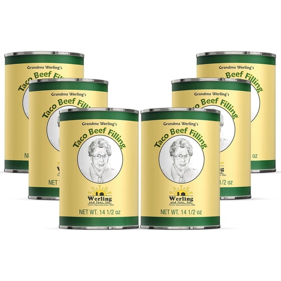 Werling and Sons Taco Beef Filling 14.5 Oz Pack of 6 Fully Cooked Canned Taco Meat Heat and Serve Shelf Stable Emergency Food Supply Survival Camping Prepping Long Shelf Life Made in USA