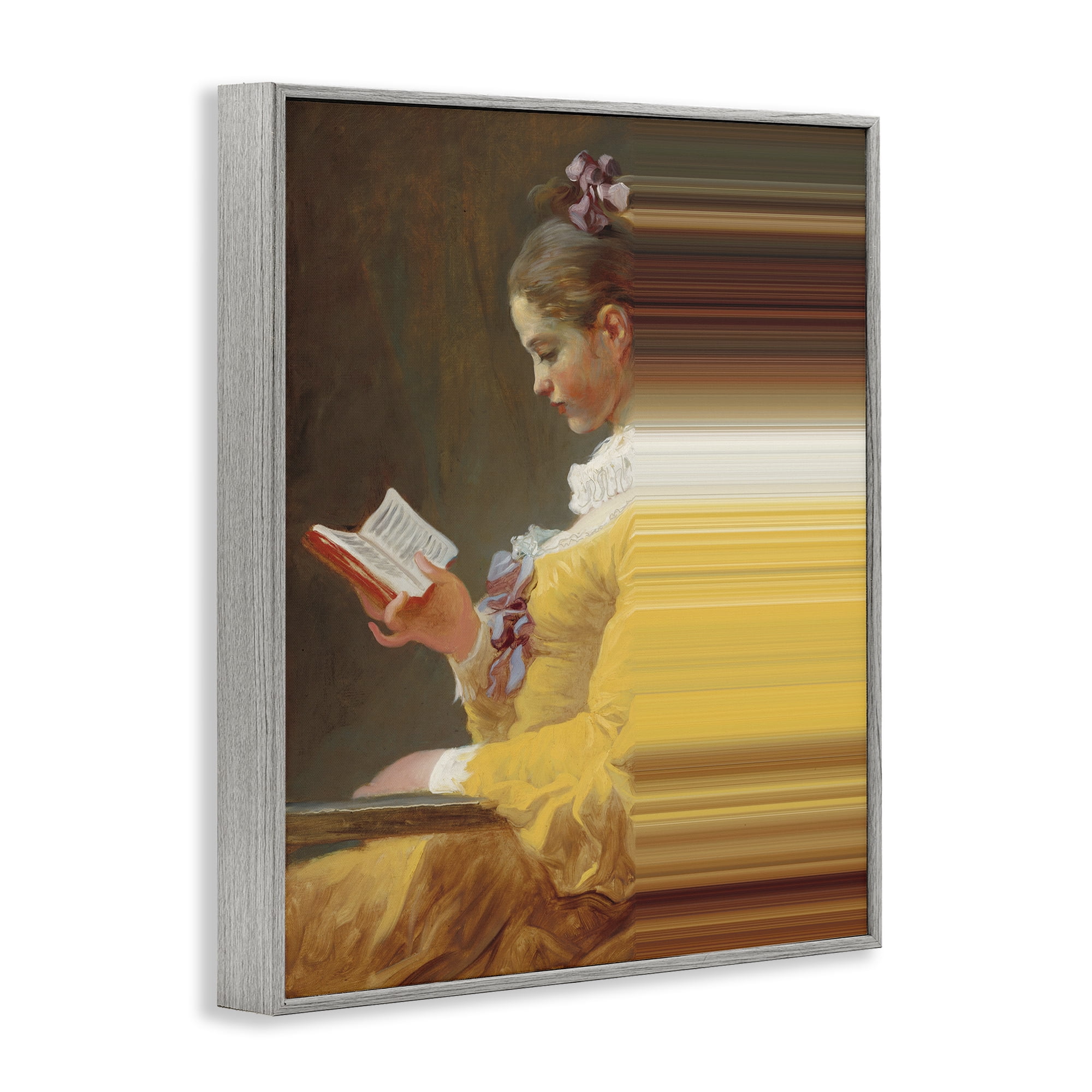 Vintage Lady Reading with Gradient Streaks Gray Framed Giclee Art, design by Seven Trees Design