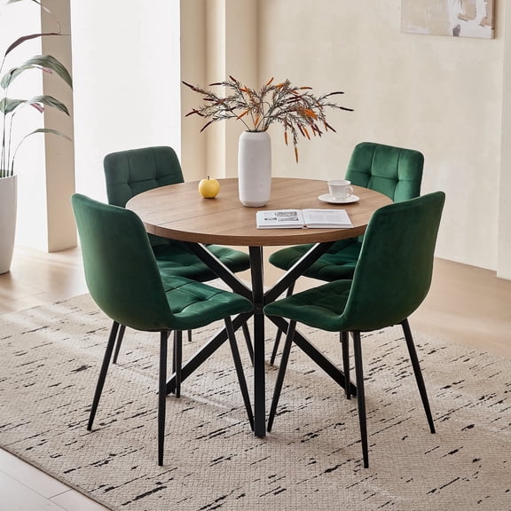 5 Pieces Round Dining Table Set - Mid-Century Modern Brown Dinner Table with 4 Green Velvet Chairs Set, Coffee Table & Chair with Black Metal Legs for Kitchen Dining Room, Apartment