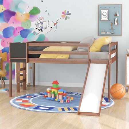 Canddidliike Kids Wood Loft Bed with Slide  Ladder and Chalkboard  Full Size - Walnut