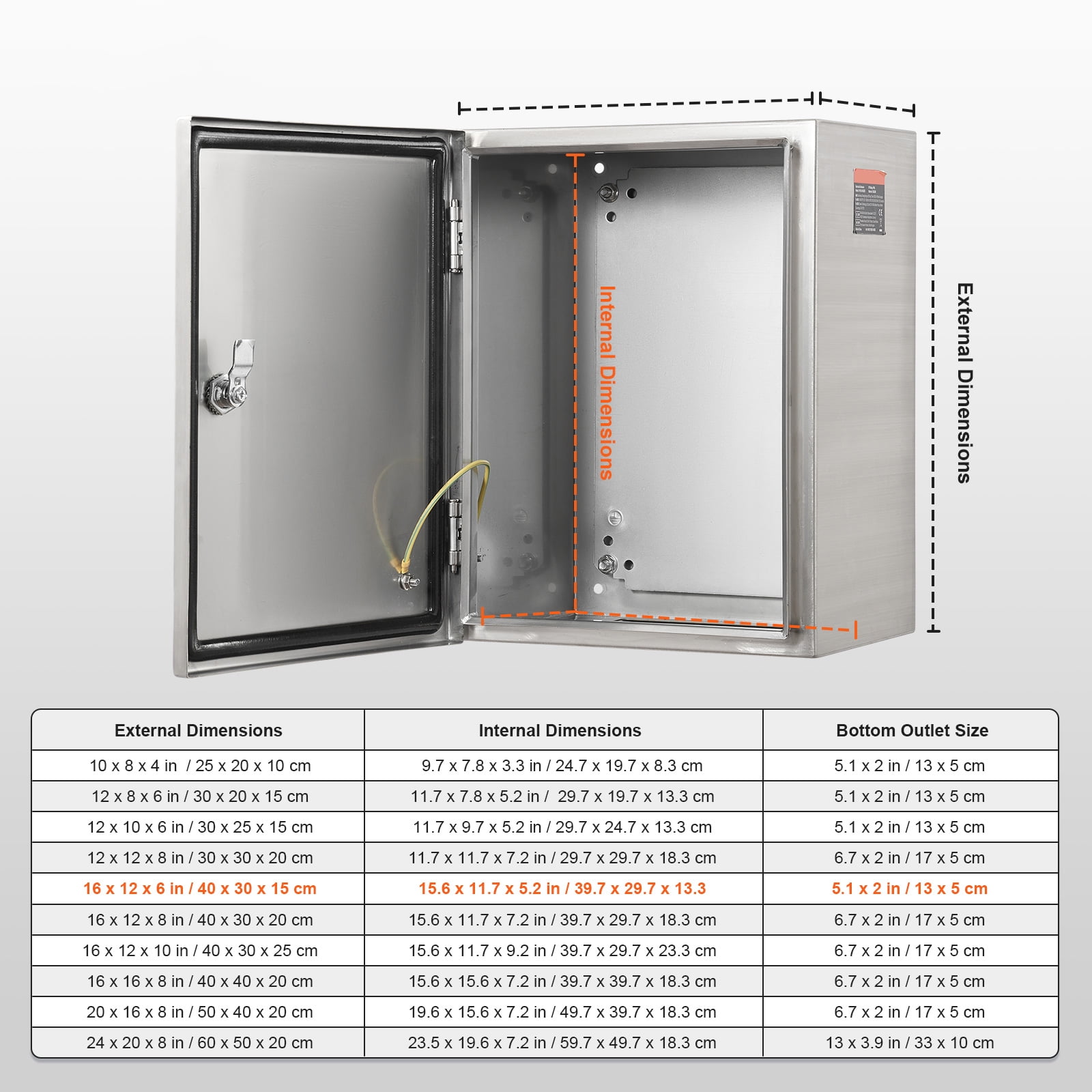KFFKFF Steel Electrical Enclosure Box, 16"x 12"x 6", 304 Stainless Steel Wall-Mounted Outdoor Box with Mounting Plate, Hinges, and Lock, IP66 Water-Resistant