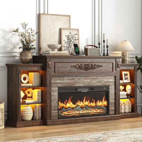 Aphthongs 85" Fireplace with Mantel, Tall Fireplace TV Stand with 36" Fireplace for TVs Up to 95 Inch, LED Farmhouse Entertainment Center with Power Outlets Adjustable Shelves, Carved Decoration