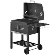 Charcoal BBQ Grill and Smoker Combo Outdoor Portable Trolley Camping Picnic Backyard with Side Shelf, Black