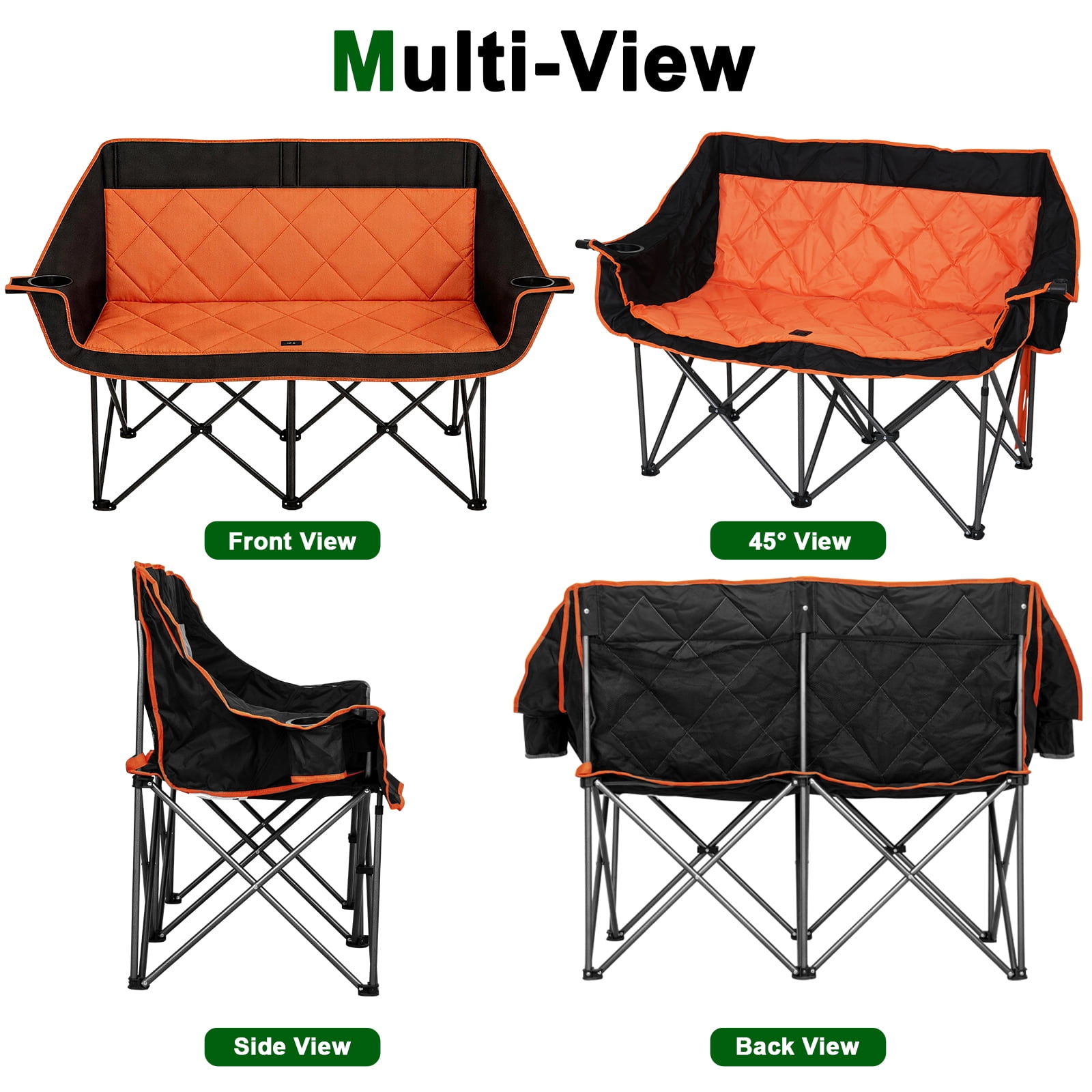 SUNSPIRE Oversized Camping Chair 2 Person Loveseat Heavy Duty Folding Outdoor Couch 750 lbs Padded Double Duo Sofa with Cup Holders Orange
