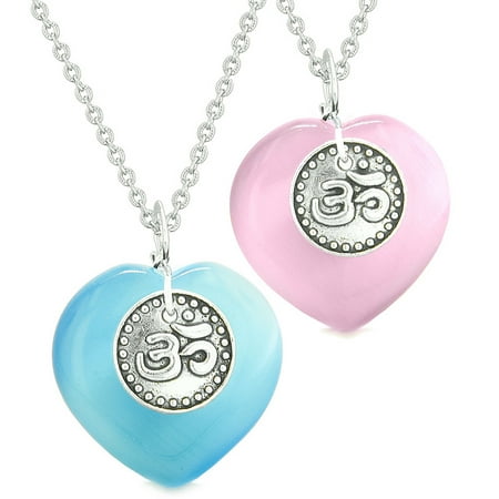 Spiritual OM Amulets Love Couples or Best Friends Hearts Pink Sky Blue Simulated Cats Eye