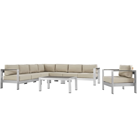 Modern Contemporary Urban Design Outdoor Patio Balcony Seven PCS Sectional Sofa Set, Beige, Aluminum