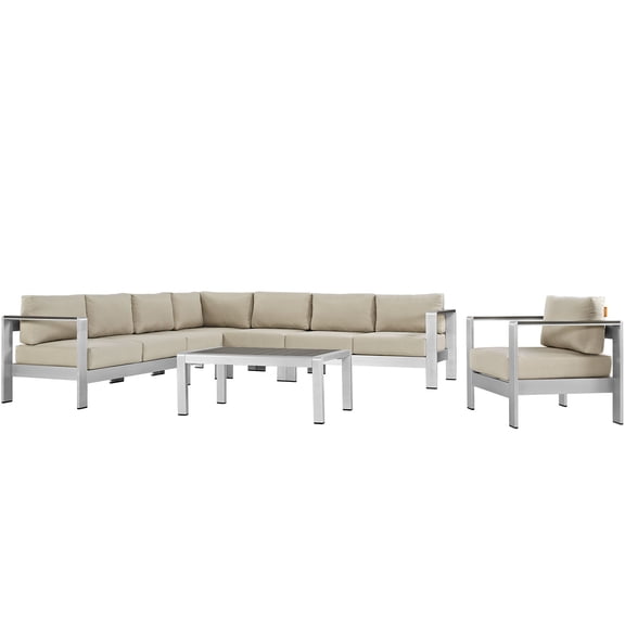 Modern Contemporary Urban Design Outdoor Patio Balcony Seven PCS Sectional Sofa Set, Beige, Aluminum