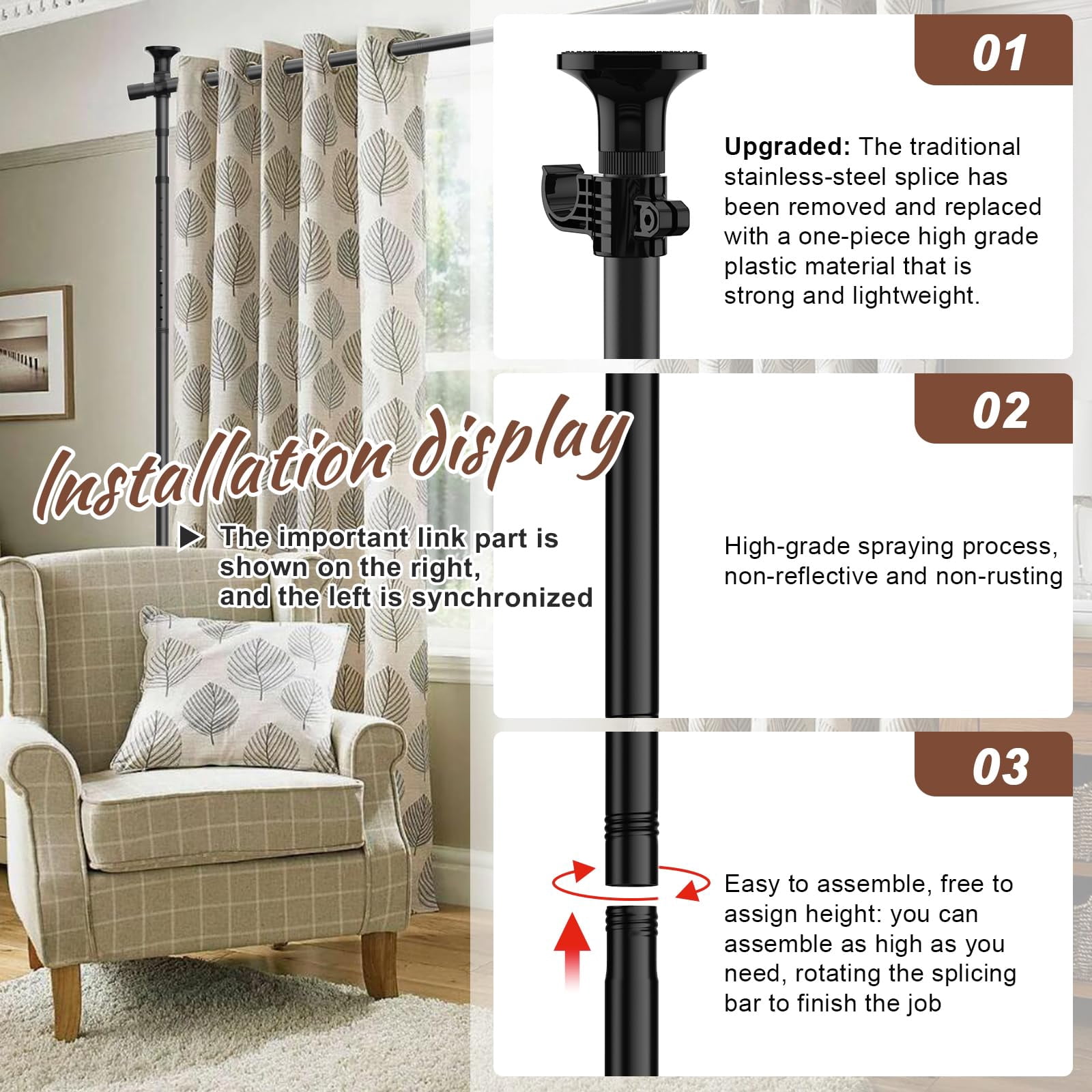 AEASKIEY Room Dividers Curtain Rod No Drill, 4-10ft(H) 28-70inch(W), Adjustable Heavy Duty Floor to Ceiling Tension Rod for Room Separation, Black