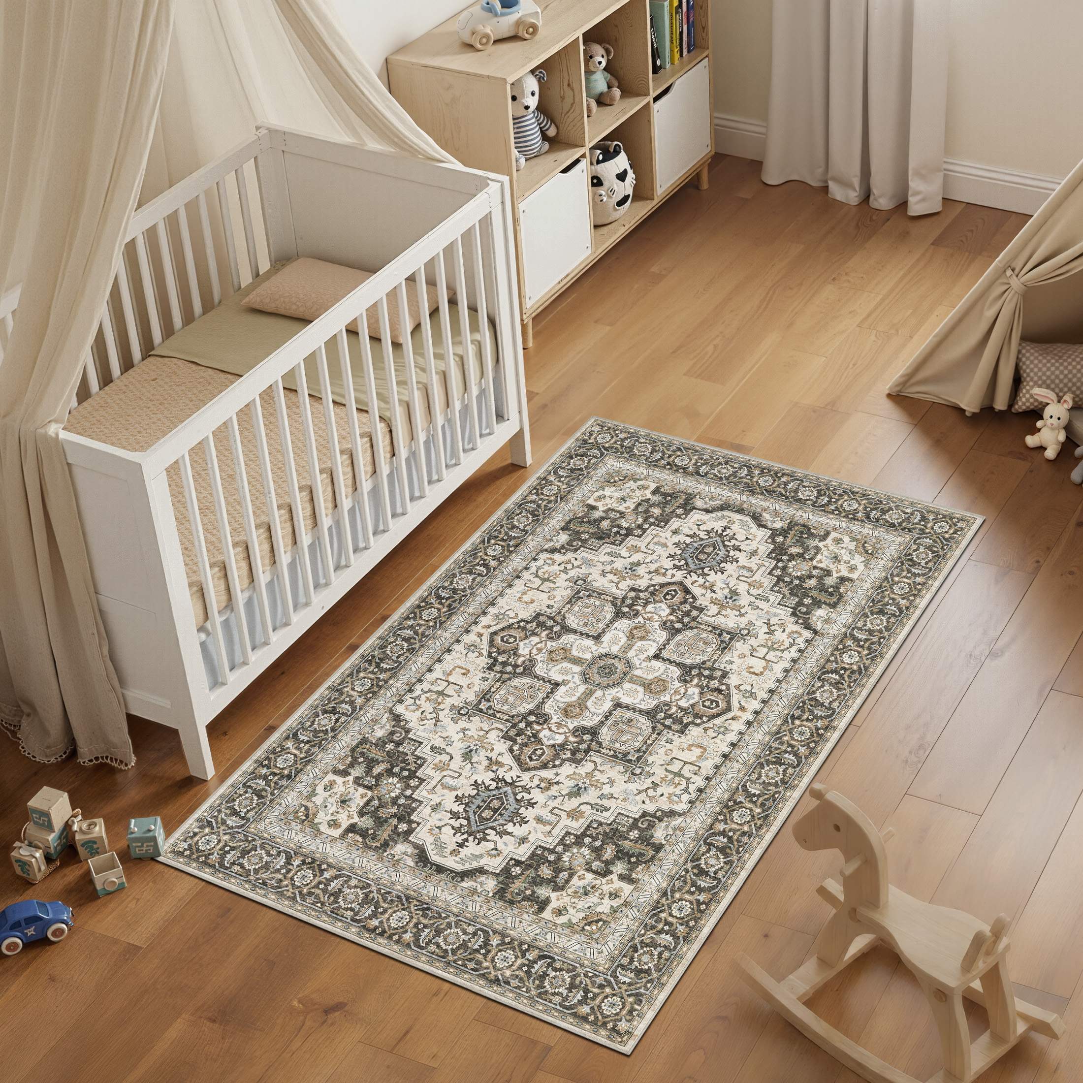 UERMEI 3'x5' Area Rugs, Non-slip Washable Vintage Throw Rugs Carpet for Entrance Entryway Bedroom Laundry Room, Low Pile Indoor Rug Floral Rug Home Decor Carpet, Brown Green