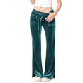 thumbnail image 2 of Women's Velvet Flare Pants, High Waist Drawstring Wide Leg Pants, Soft Casual Lounge Pants with Side Pockets for Daily Wear, Loungewear and Relaxed Outfits Green S, 2 of 7