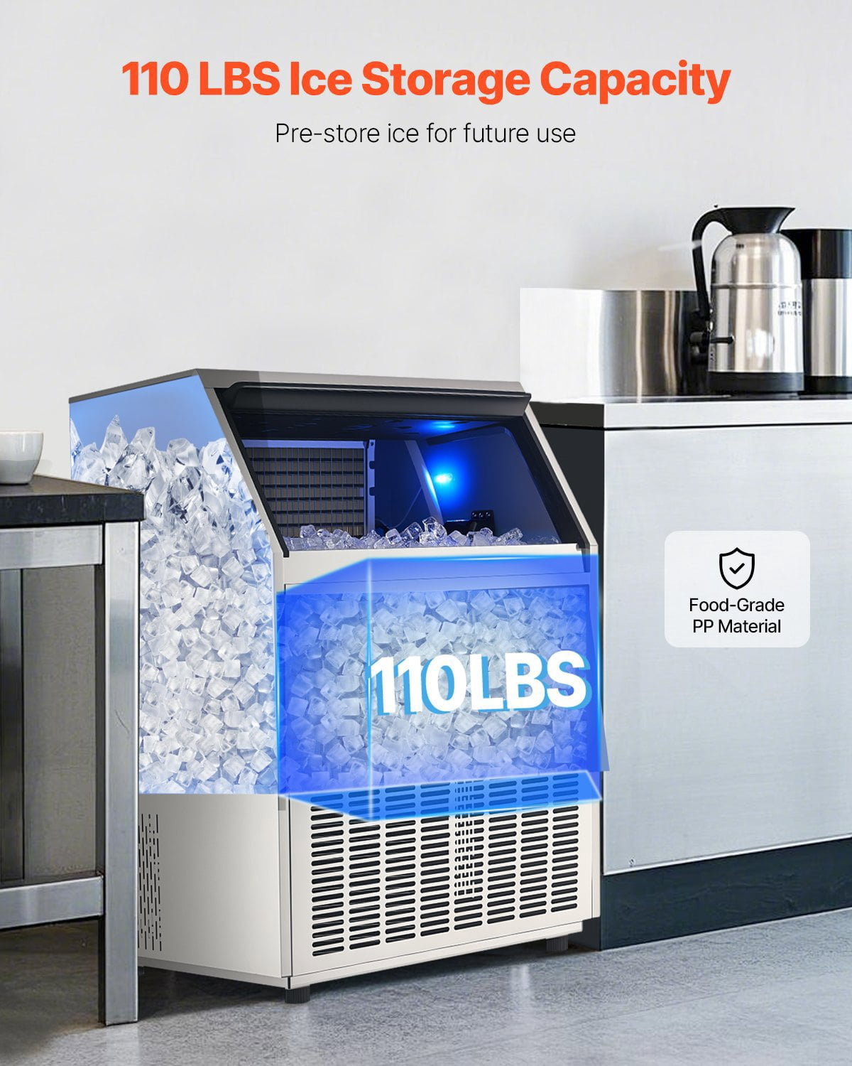 Commercial Ice Maker, 440 lbs/24H, 130 lbs Storage, Freestanding Self-Cleaning Ice Machine with Drain Pump, LED Display for Restaurant Bar Office