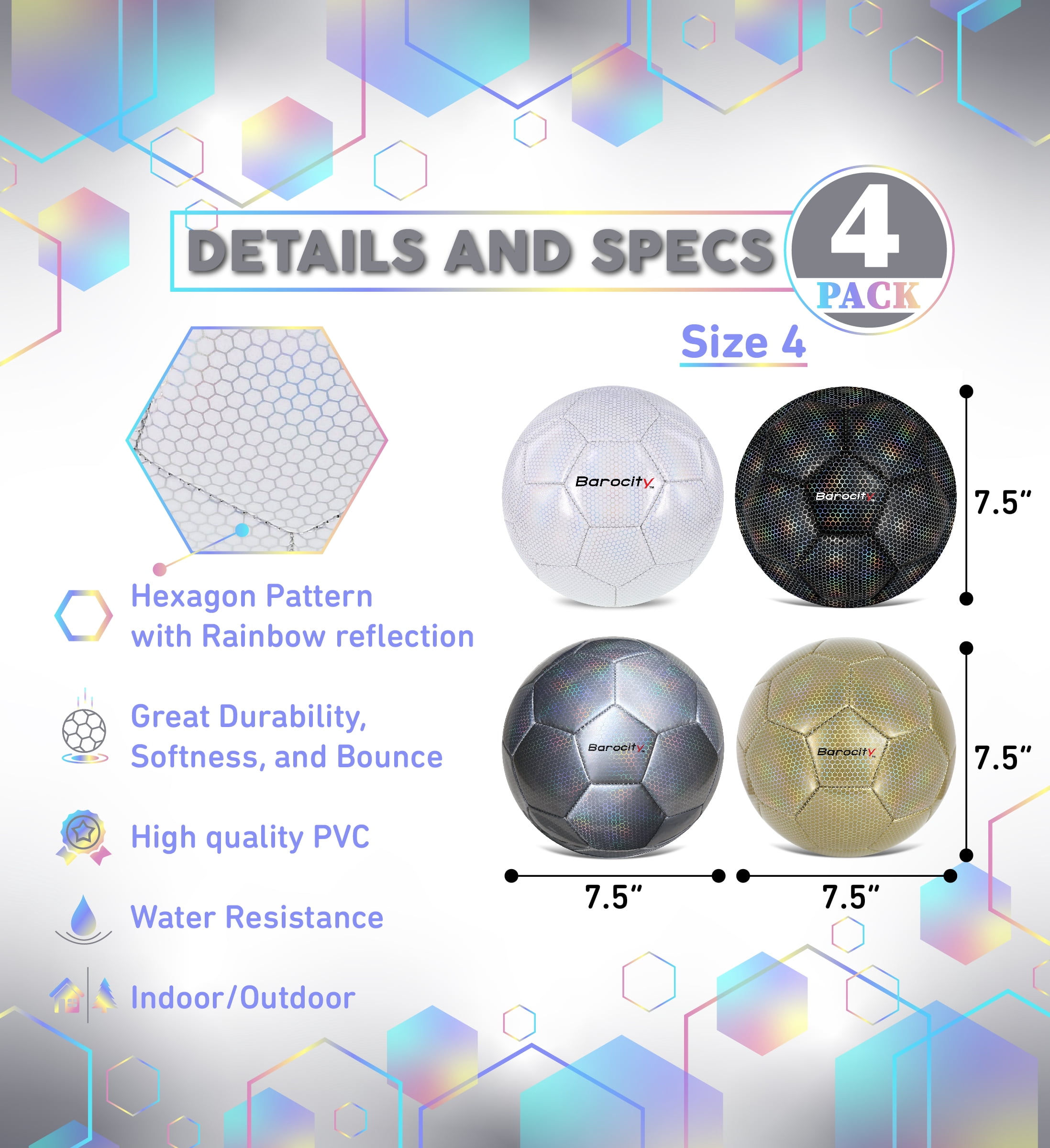 Barocity Iridescent Soccer Balls Set of 4 – Black, Gold, Silver and White Official Match Ball with Reflective Hex Pattern, Sport Soccer Balls for Indoor Outdoor Training and Practice Games - Size 5