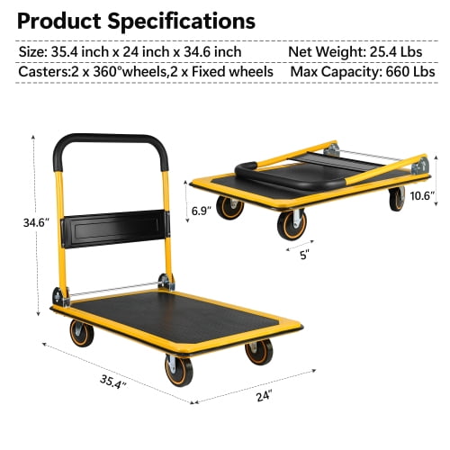 POWANLI Foldable Platform Truck, Push Dolly 660 LBS Weight Capacity, 360 Rolling, Folding Hand Truck for Luggage, Travel, Office, House (Yellow & Black) (35.4" x 24" x 34.6")