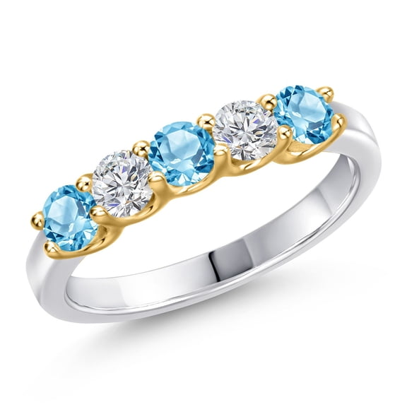 Gem Stone King 925 Silver and 10K Yellow Gold Swiss Blue Topaz and Lab Grown Diamond Wedding-Bands Ring for Women | 0.94 Cttw | Round 3.5MM | Gemstone November Birthstone | Size 7