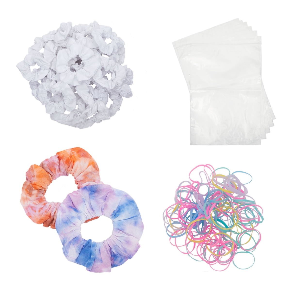 24 Pack White Cotton Scrunchies for Tie Dye Kit with 100 Elastic Rubber Bands and Tools for DIY Hair Accessories