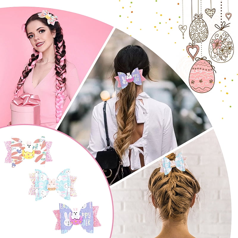 4 Sets 2 Style Baby Girl Hair Bowknot with Bunny Hair Clips Set Easter Hair Accessories for Girls 44.5~52x79~82x13~17mm 2 sets/style for DIY