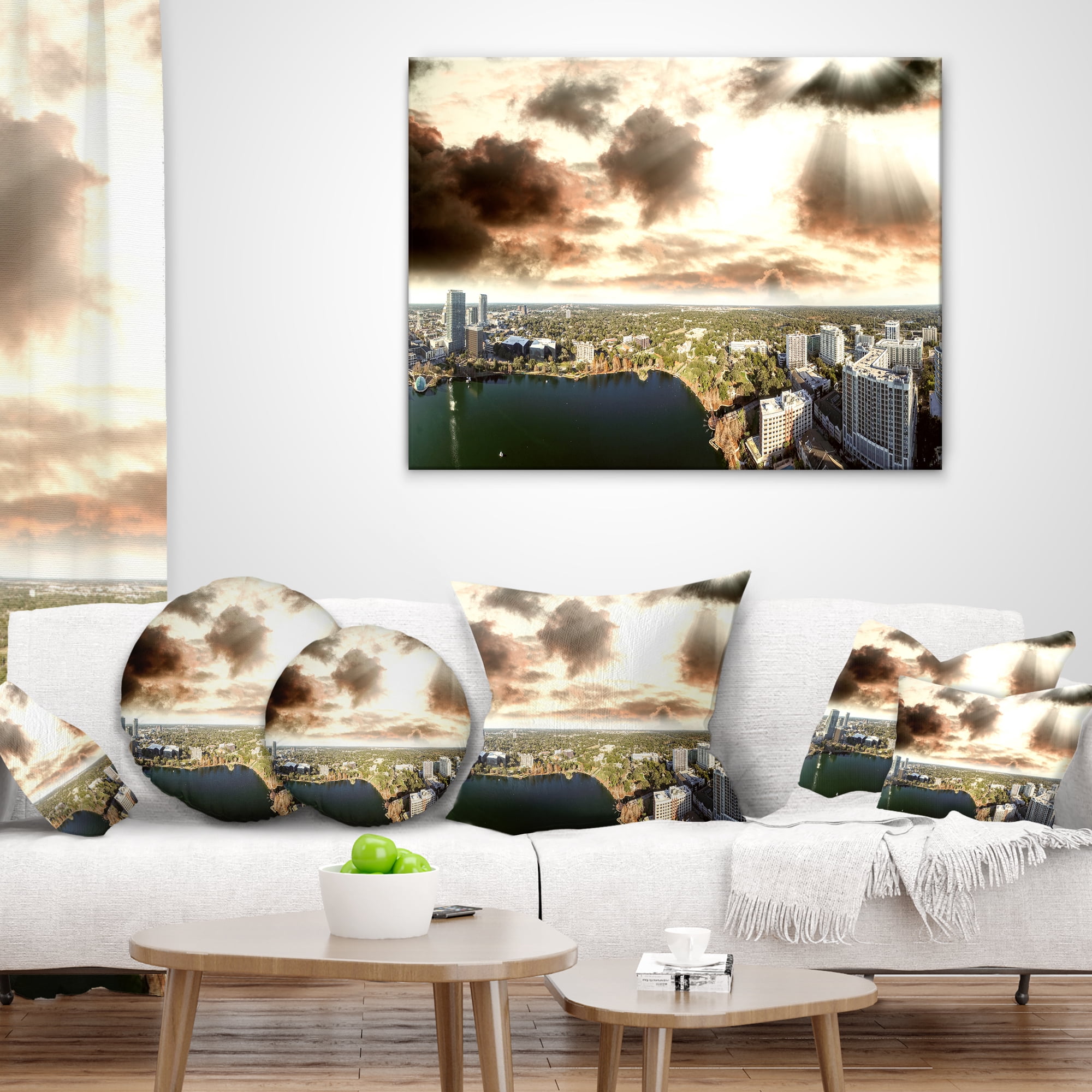 Designart Downtown Orlando Sunset Aerial - Seascape Throw Pillow - 16x16