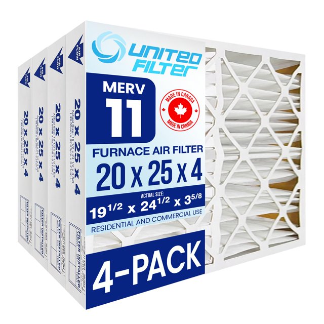 20x25x4 Pleated MERV 11 Furnace Filter, Case of 4 – (19-1/2" x 24-1/2" x 3-5/8" Protective Furnace Air Filter for Clean, Healthy Air - Perfect Efficient, Home Climate Control HVAC Filters