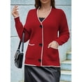 thumbnail image 5 of Women'S Color Block Long Sleeves Sweater Fall Button Down Casual Coatigan Soft Knit Coat with Pocket Red S, 5 of 8