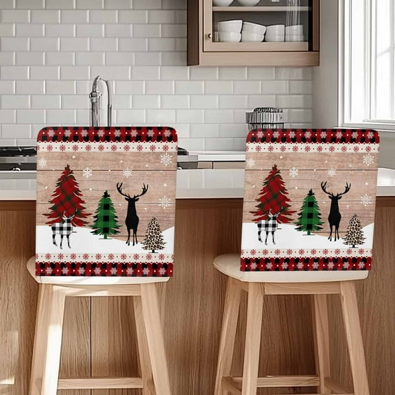 Christmas Red Chair Covers Set of 8 Black Plaid Reindeer Xmas Tree Wood Grain Chair Back Covers Stretch Removable Washable Slipcovers Protector for Dining Room Kitchen Party Decor