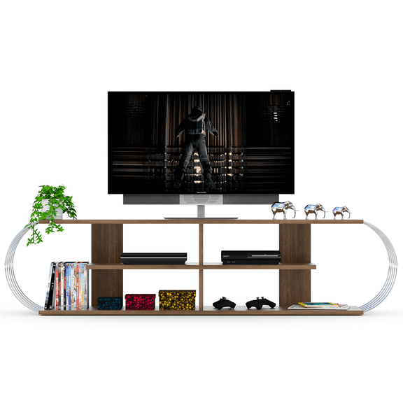Cfowner Mid Century Modern TV Stand for TVs up to 68 Inches, Console Sofa Table with 4 Shelves Open Storage for Hallway, Entryway, Living Room