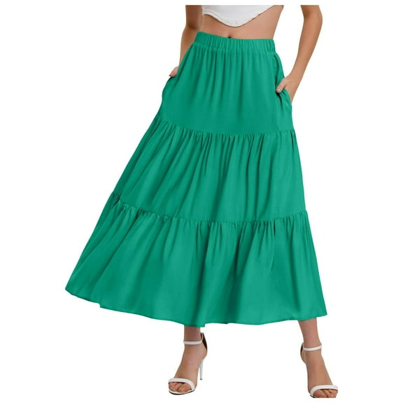 Zshosam Women's 2024 Summer Fall High Waist Maxi Skirt Casual Flowy Swing Pleated A Line(Green,S)
