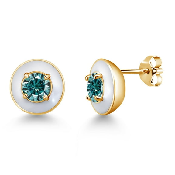 Gem Stone King 18K Yellow Gold Plated Silver Stud Earrings for Women Men Blue Round Moissanite (1.00 Cttw)