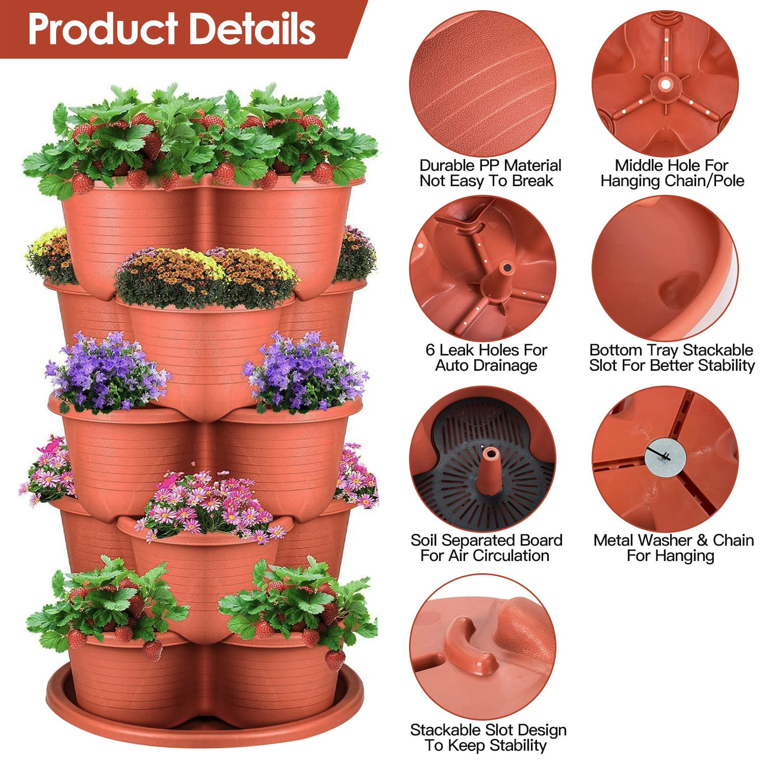 Moclever 5 Tier Vertical Stackable Planter, Garden Tower Gardening Pots for Flowers Vegetables, Red
