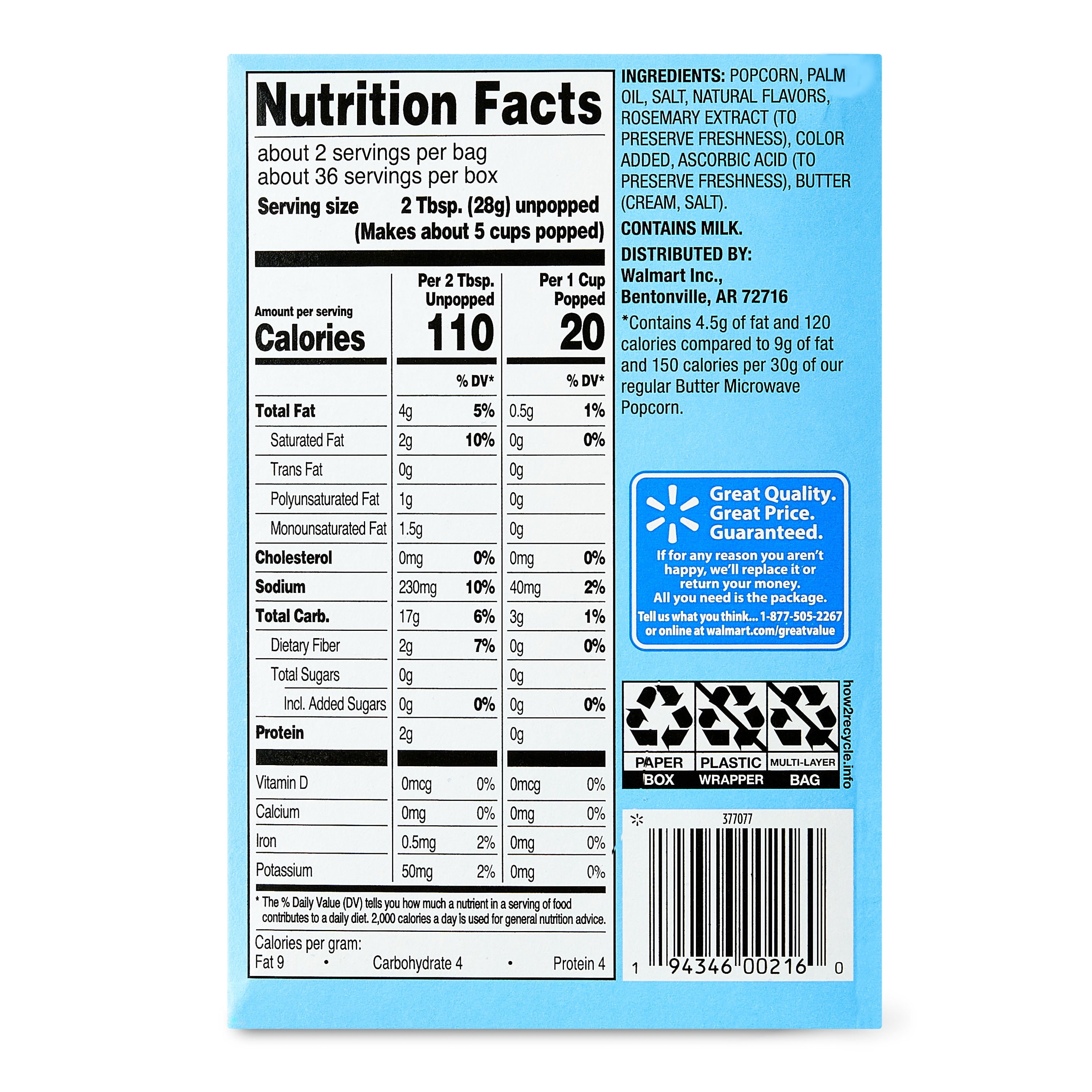 (4 pack) Great Value Light Butter Flavored Microwave Popcorn, 2.03 oz, 18 Count